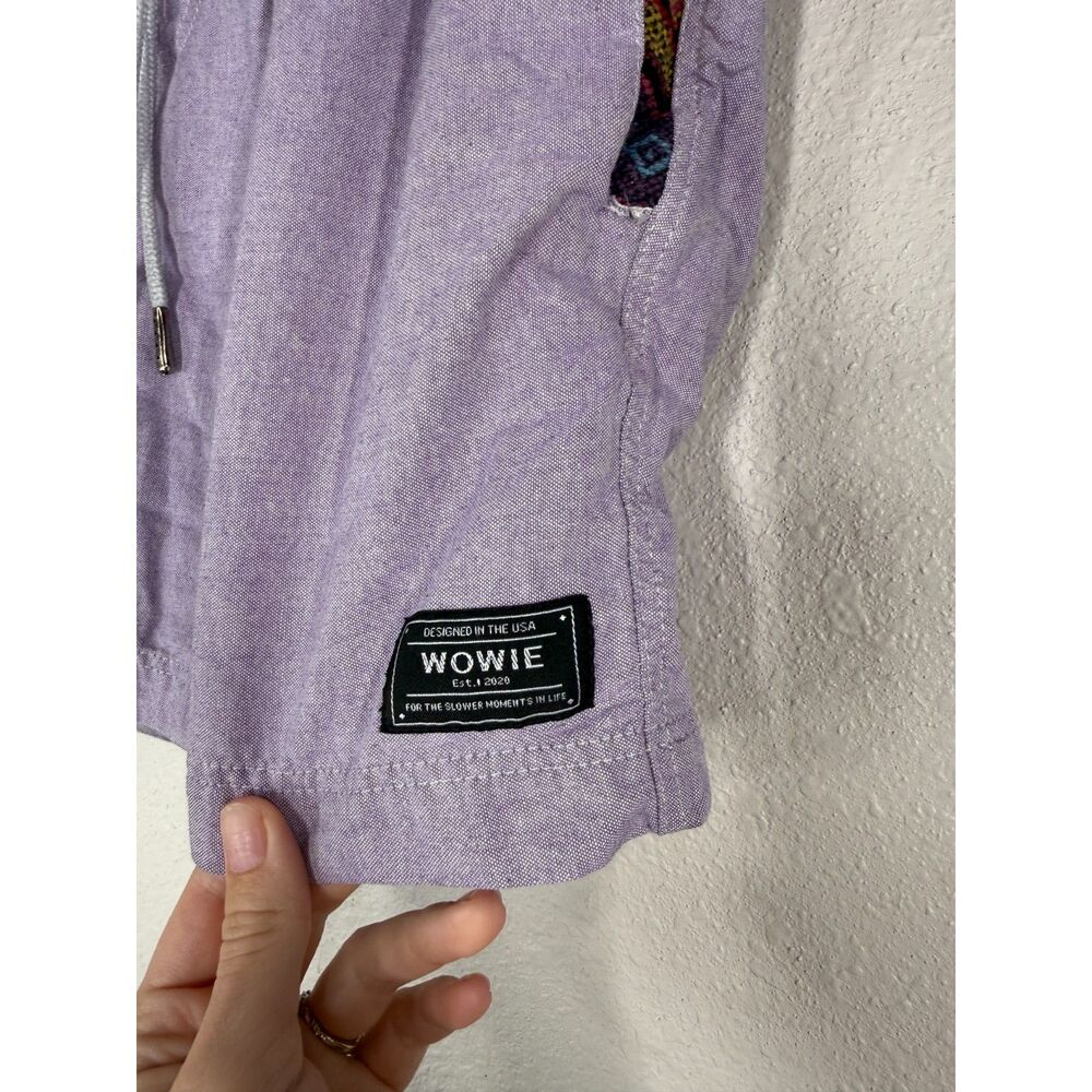 WOWIE Mens Casual Purple Shorts Sz M Drawstring Pull On Aztec Trim Breathable - Picture 3 of 11